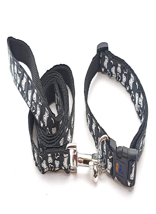 Pups&Pets Printed Nylon Collar Leash Set Adjustable 15 MM, Ideal for All Breed Small Dog & Puppies - (Black, Pattern 01) - Image 1